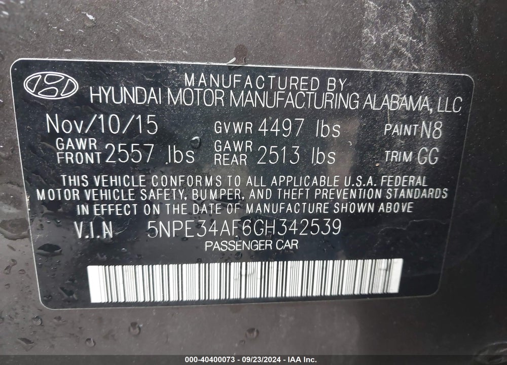 2016 HYUNDAI SONATA SPORT VIN: 5NPE34AF6GH342539