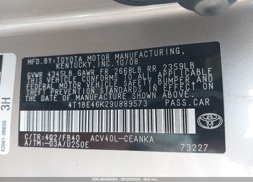 2009 TOYOTA CAMRY LE VIN: 4T1BE46K29U889573