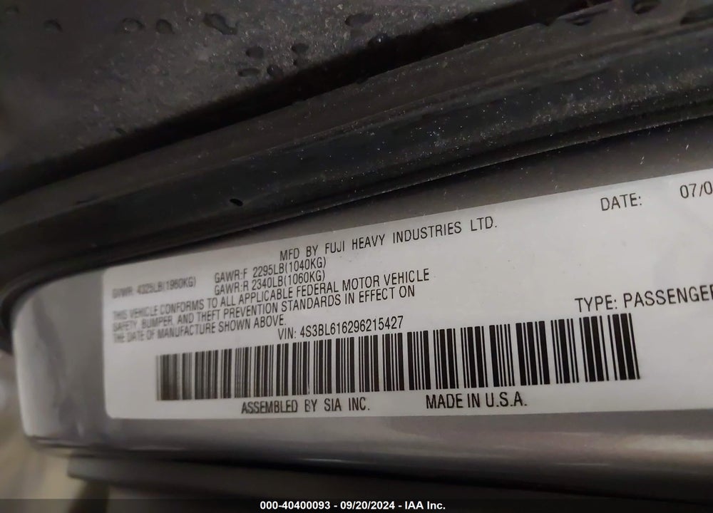 2009 SUBARU LEGACY 2.5I VIN: 4S3BL616296215427