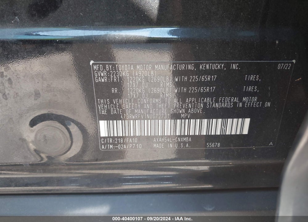 2022 TOYOTA RAV4 HYBRID XLE VIN: 4T3RWRFV1NU072731