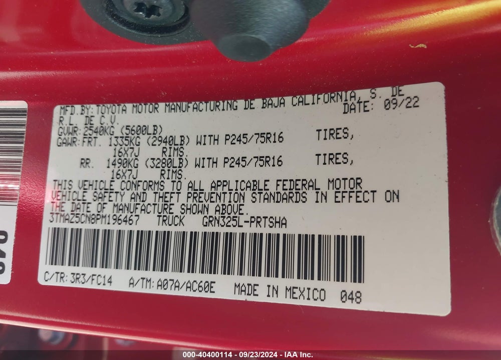 2023 TOYOTA TACOMA SR5 V6 VIN: 3TMAZ5CN8PM196467