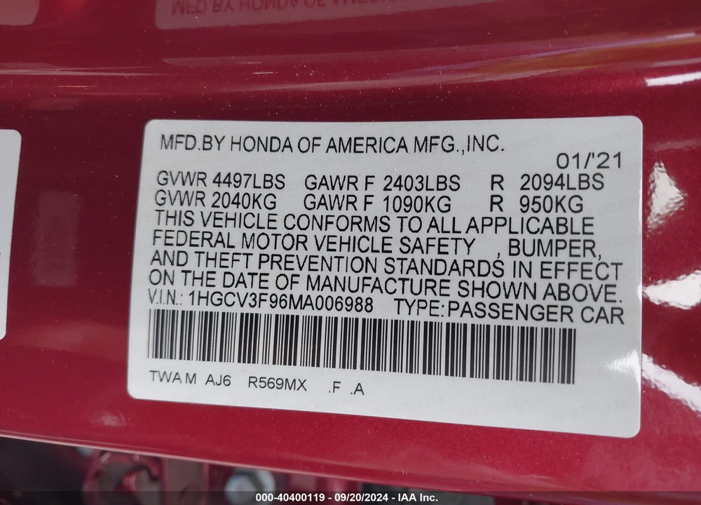 2021 HONDA ACCORD HYBRID TOURING VIN: 1HGCV3F96MA006988