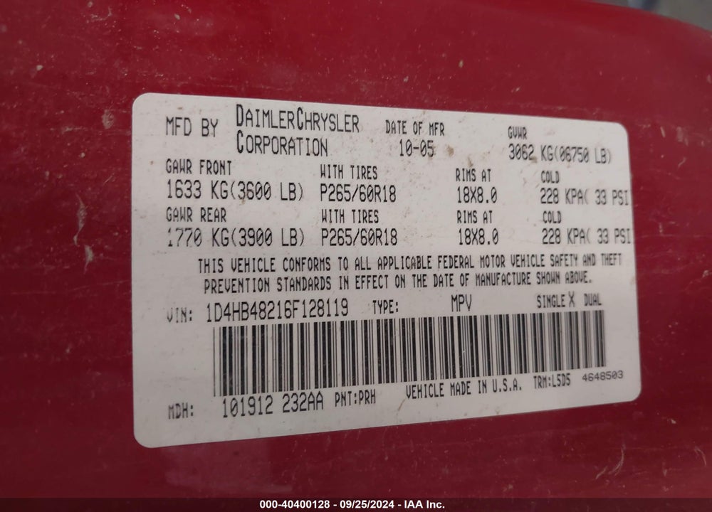 2006 DODGE DURANGO SLT VIN: 1D4HB48216F128119