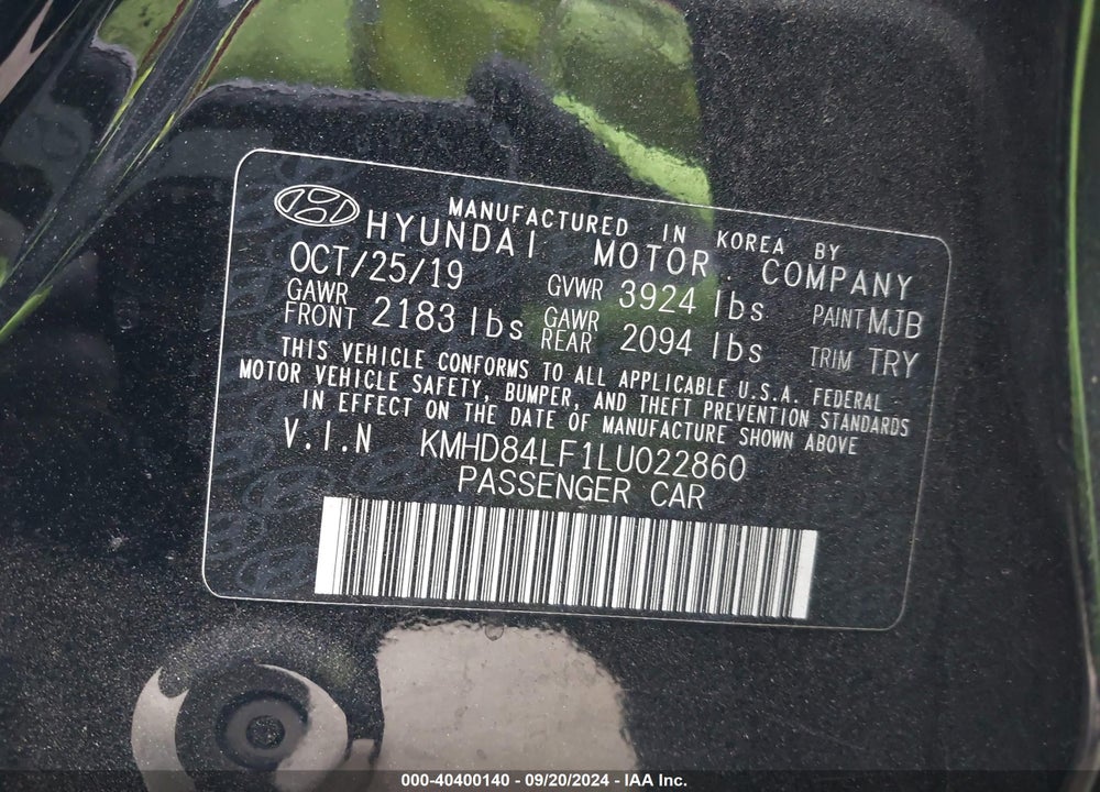 2020 HYUNDAI ELANTRA SEL VIN: KMHD84LF1LU022860
