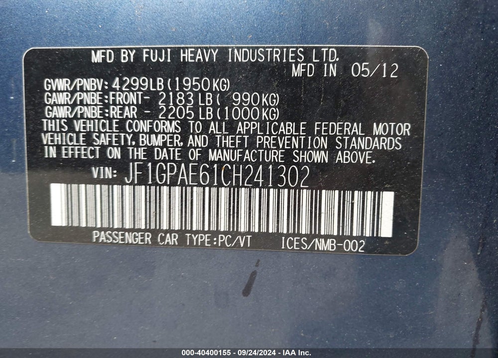 2012 SUBARU IMPREZA 2.0I PREMIUM VIN: JF1GPAE61CH241302