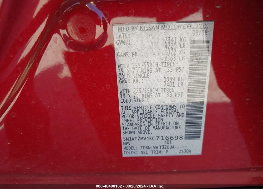 2019 NISSAN ROGUE SL VIN: 5N1AT2MV4KC716698