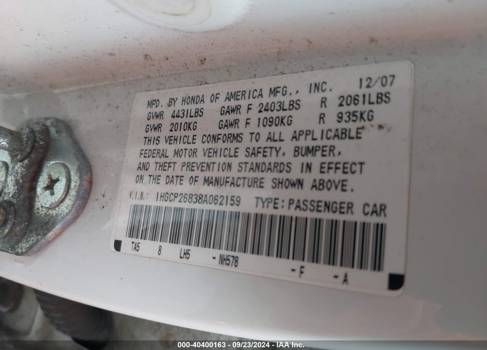 2008 HONDA ACCORD 2.4 EX-L VIN: 1HGCP26838A062159