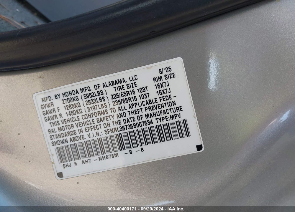 2006 HONDA ODYSSEY EX-L VIN: 5FNRL38736B007634