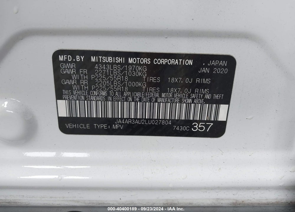 2020 MITSUBISHI OUTLANDER SPORT 2.0 ES AWC VIN: JA4AR3AU2LU027804