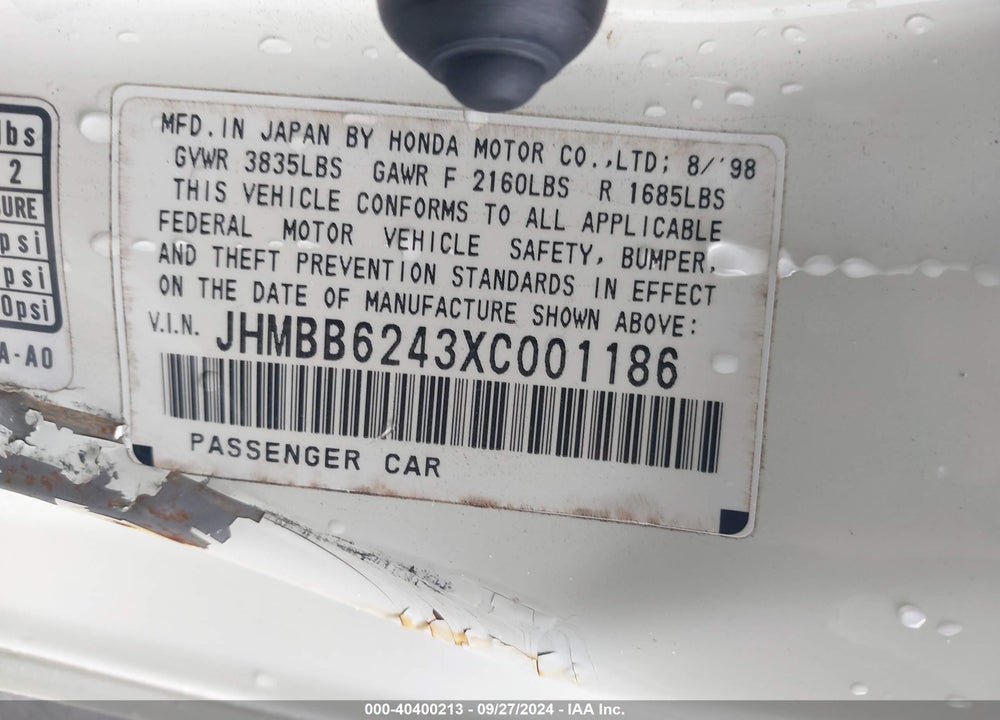 1999 HONDA PRELUDE VIN: JHMBB6243XC001186