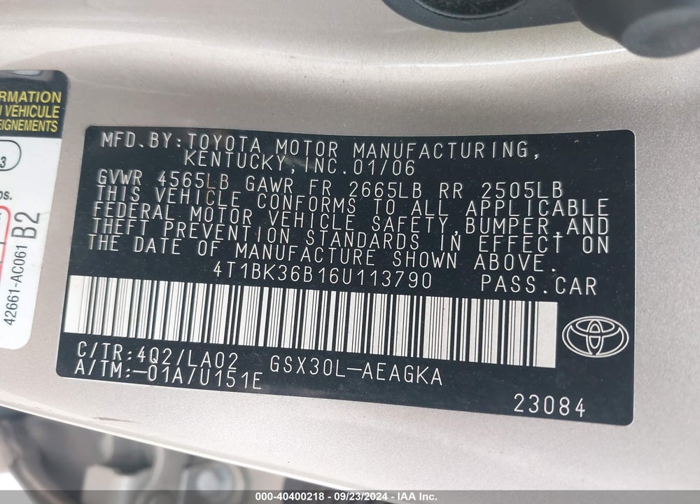2006 TOYOTA AVALON XLS VIN: 4T1BK36B16U113790