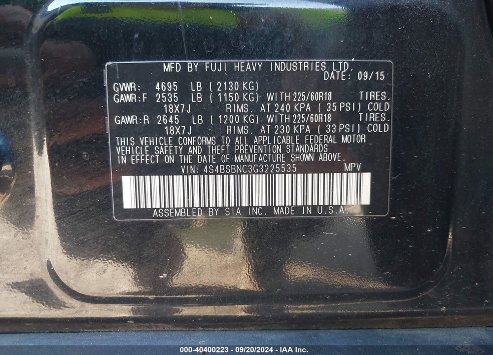 2016 SUBARU OUTBACK 2.5I LIMITED VIN: 4S4BSBNC3G3225535