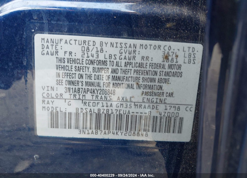 2019 NISSAN SENTRA S VIN: 3N1AB7AP4KY208848