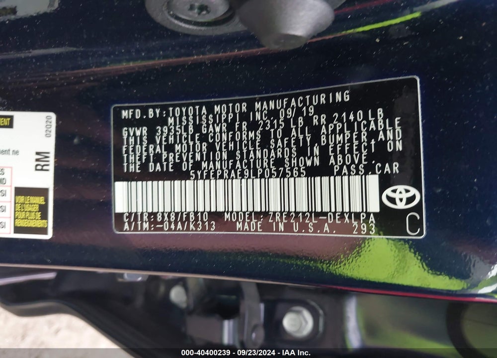 2020 TOYOTA COROLLA LE VIN: 5YFEPRAE9LP057565