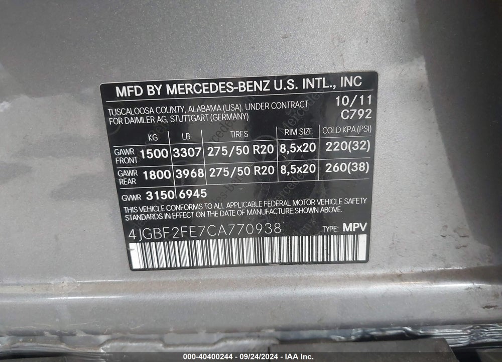 2012 MERCEDES-BENZ GL 350 BLUETEC 4MATIC VIN: 4JGBF2FE7CA770938