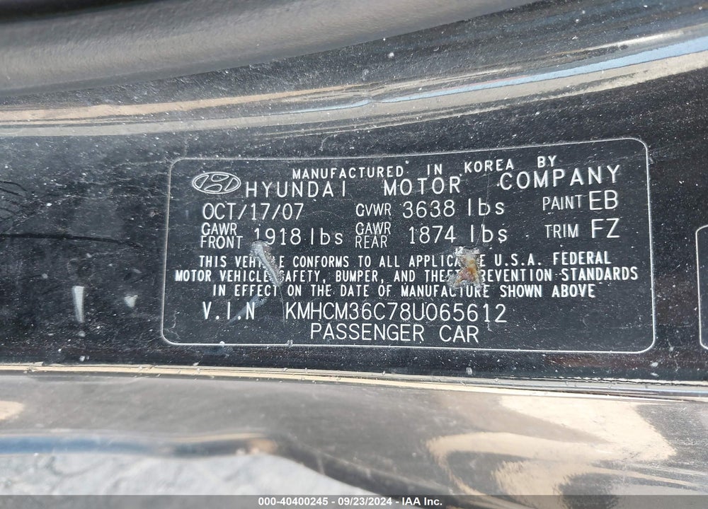 2008 HYUNDAI ACCENT GS VIN: KMHCM36C78U065612