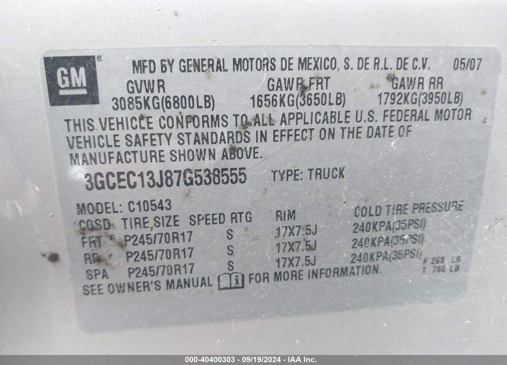 2007 CHEVROLET SILVERADO 1500 LTZ VIN: 3GCEC13J87G538555