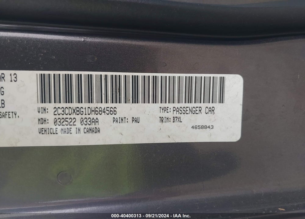 2013 DODGE CHARGER SE VIN: 2C3CDXBG1DH684566