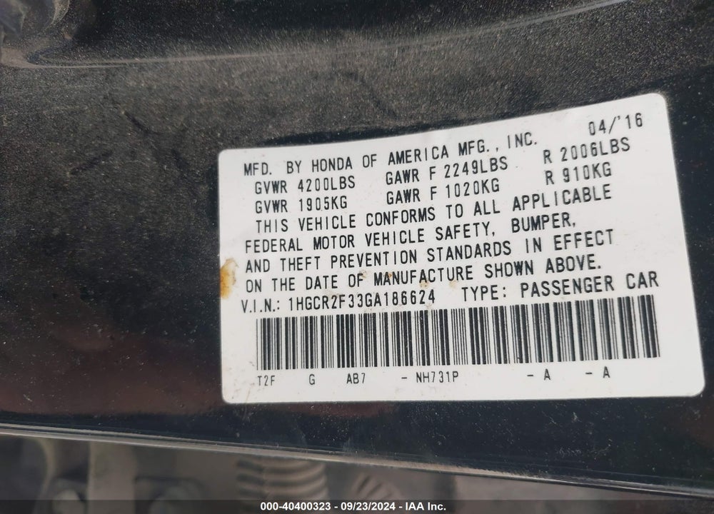 2016 HONDA ACCORD LX VIN: 1HGCR2F33GA186624
