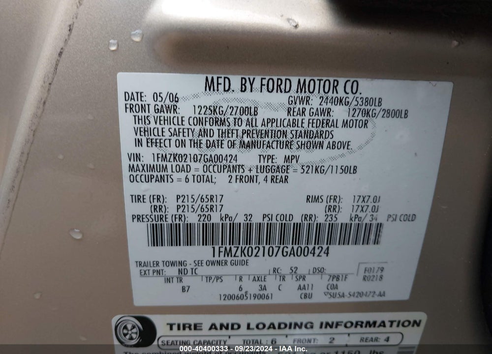 2007 FORD FREESTYLE SEL VIN: 1FMZK02107GA00424