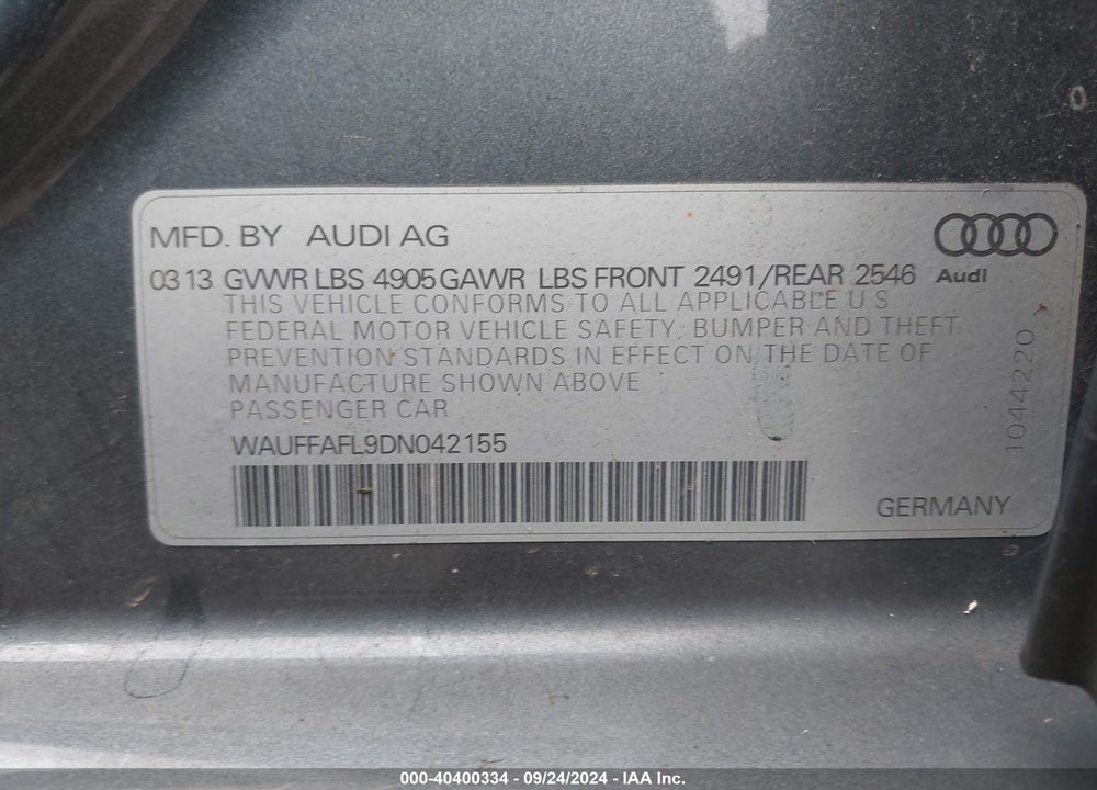 2013 AUDI A4 2.0T PREMIUM VIN: WAUFFAFL9DN042155