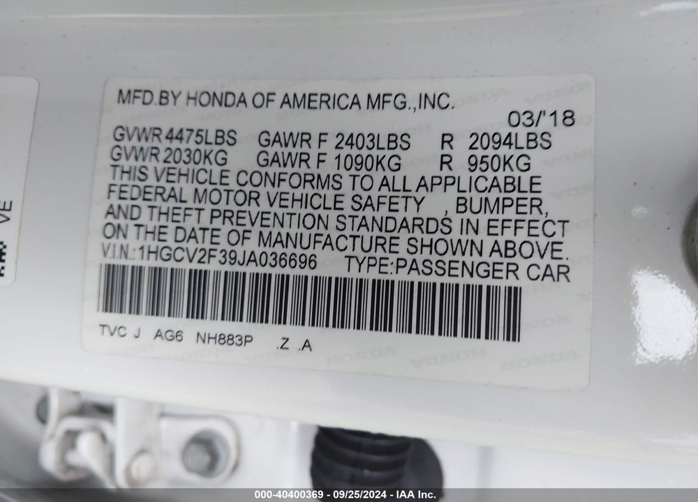 2018 HONDA ACCORD SPORT 2.0T VIN: 1HGCV2F39JA036696