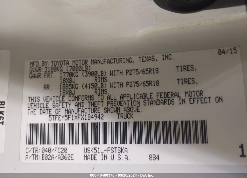 2015 TOYOTA TUNDRA SR5 5.7L V8 VIN: 5TFEY5F1XFX184942
