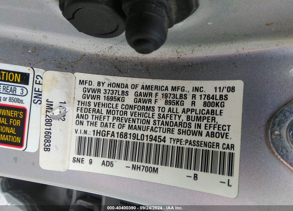 2009 HONDA CIVIC EX VIN: 1HGFA16819L019454