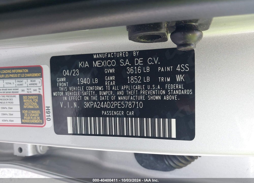 2023 KIA RIO S VIN: 3KPA24AD2PE578710