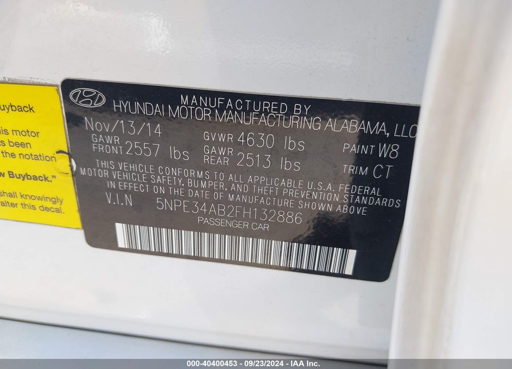 2015 HYUNDAI SONATA LIMITED 2.0T VIN: 5NPE34AB2FH132886