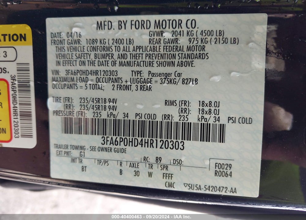 2017 FORD FUSION SE VIN: 3FA6P0HD4HR120303