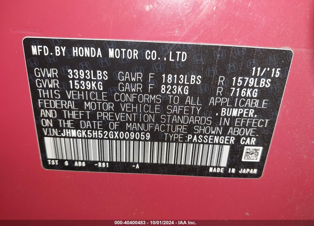 2016 HONDA FIT LX VIN: JHMGK5H52GX009059