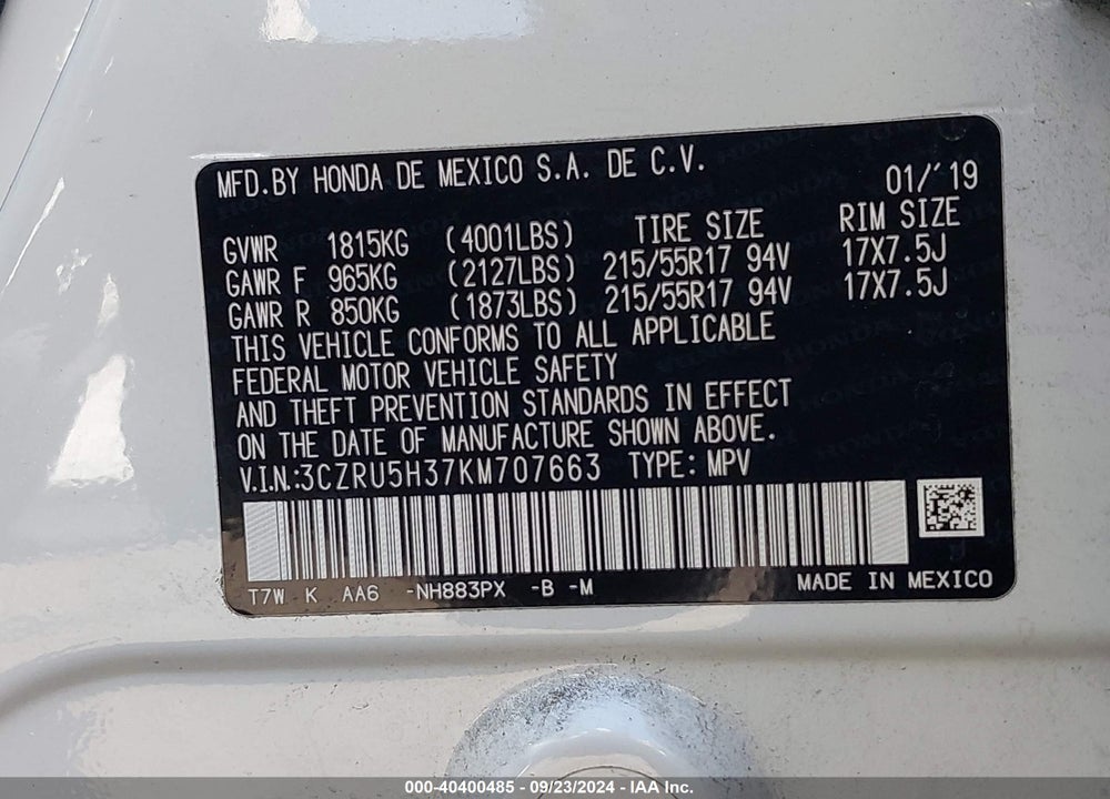 2019 HONDA HR-V LX VIN: 3CZRU5H37KM707663