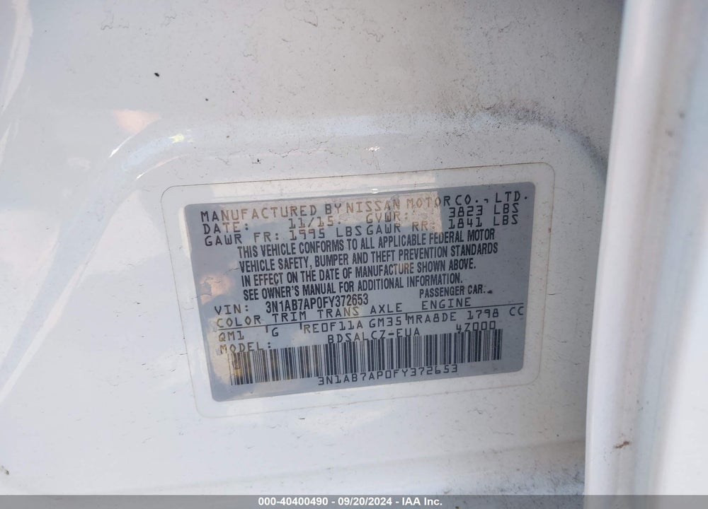 2015 NISSAN SENTRA S VIN: 3N1AB7AP0FY372653