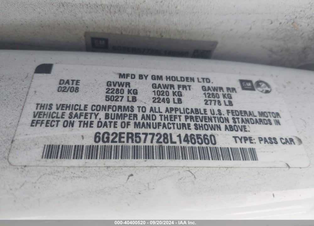 2008 PONTIAC G8 VIN: 6G2ER57728L146560