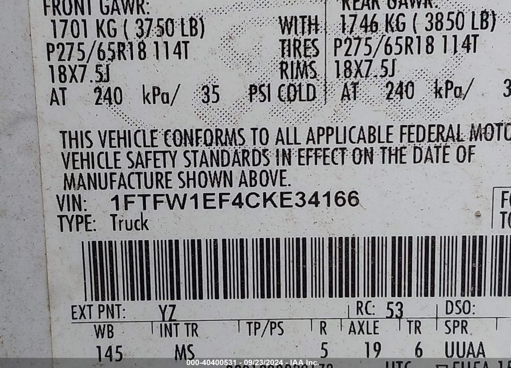 2012 FORD F-150 XLT VIN: 1FTFW1EF4CKE34166