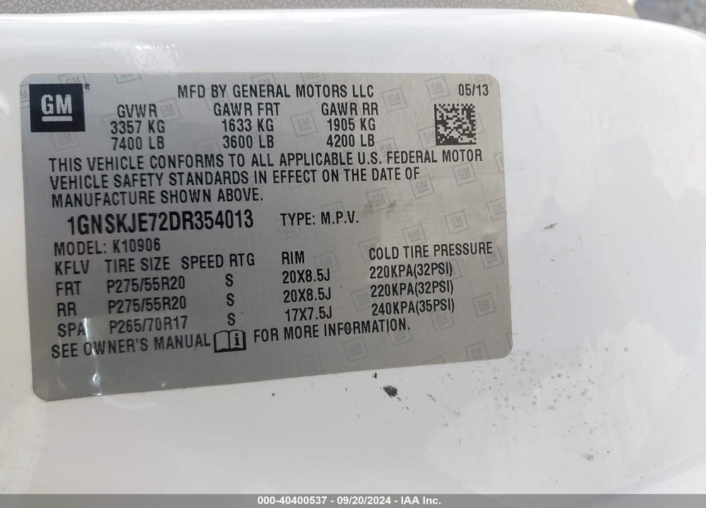 2013 CHEVROLET SUBURBAN 1500 LT VIN: 1GNSKJE72DR354013