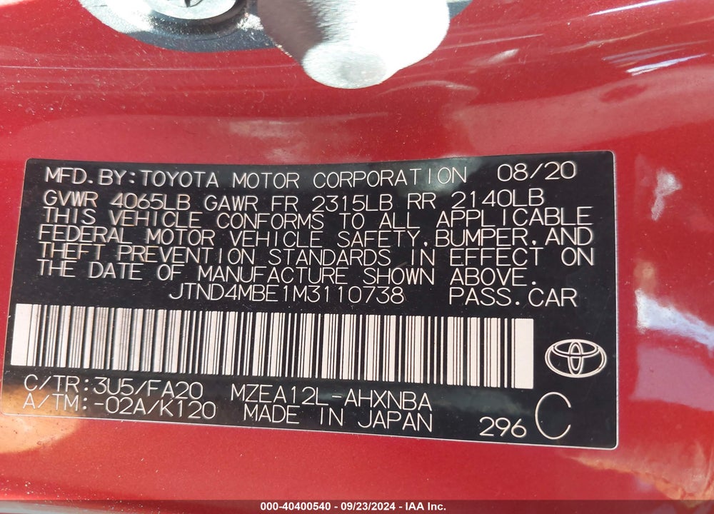 2021 TOYOTA COROLLA SE VIN: JTND4MBE1M3110738