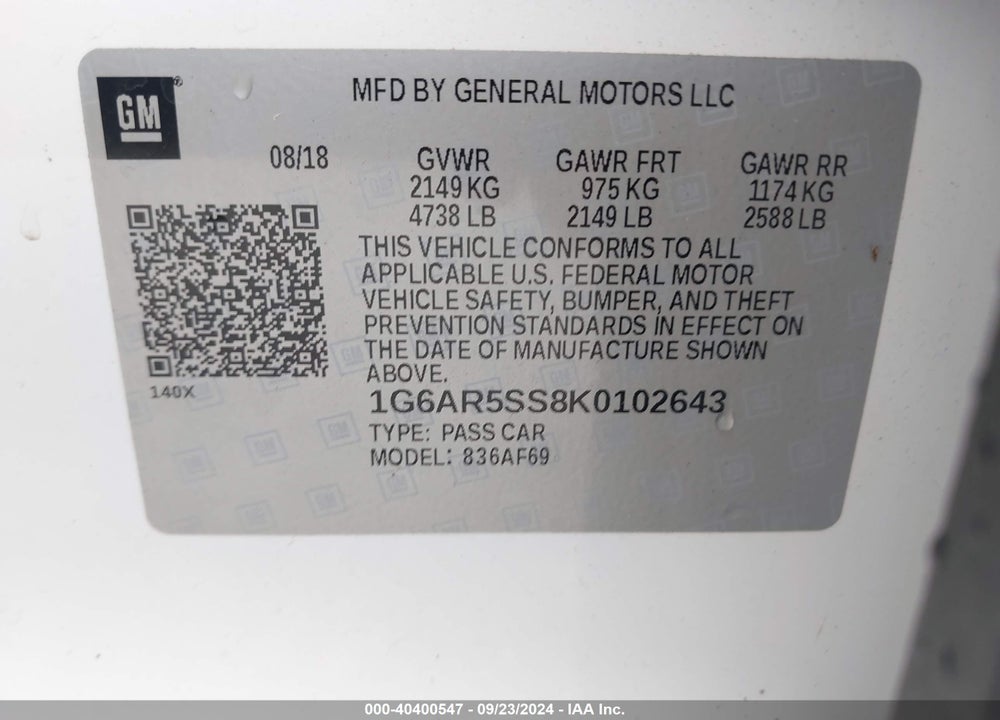 2019 CADILLAC CTS LUXURY VIN: 1G6AR5SS8K0102643