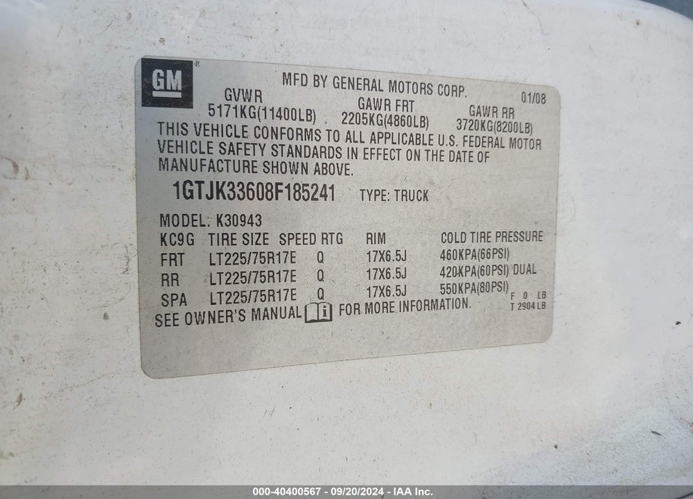 2008 GMC SIERRA 3500HD VIN: 1GTJK33608F185241