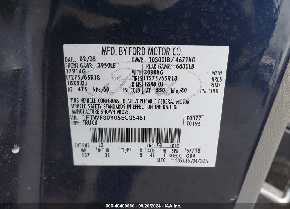 2005 FORD F-350 XL/XLT VIN: 1FTWF30Y05EC35461