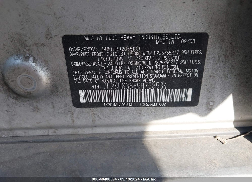 2009 SUBARU FORESTER 2.5X VIN: JF2SH63659H758534