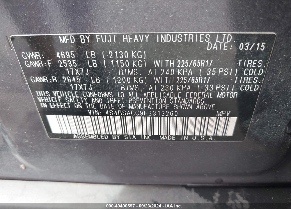 2015 SUBARU OUTBACK 2.5I PREMIUM VIN: 4S4BSACC9F3313260