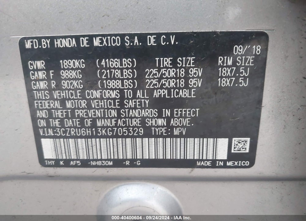 2019 HONDA HR-V SPORT VIN: 3CZRU6H13KG705329