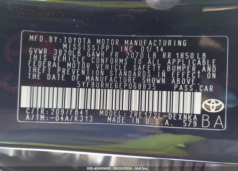 2014 TOYOTA COROLLA LE PLUS VIN: 5YFBURHE6EP068835