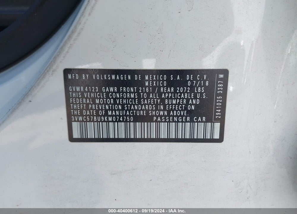 2019 VOLKSWAGEN JETTA VIN: 3VWC57BU9KM074750