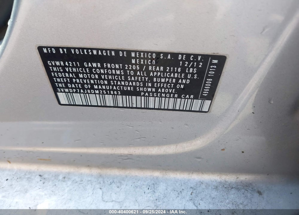 2013 VOLKSWAGEN JETTA 2.5L SE VIN: 3VWDP7AJ8DM251863