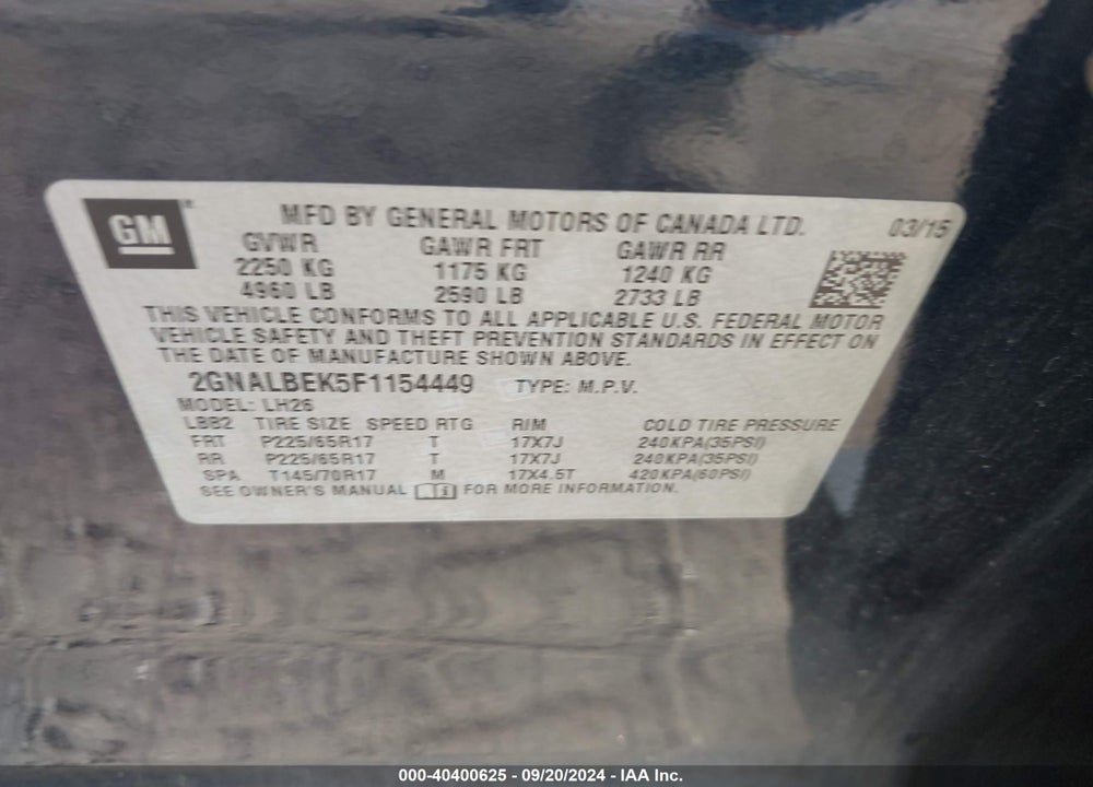 2015 CHEVROLET EQUINOX 1LT VIN: 2GNALBEK5F1154449