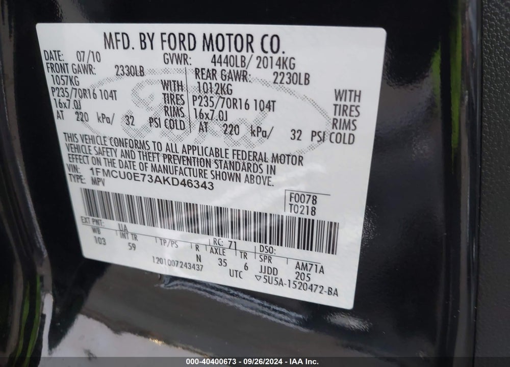 2010 FORD ESCAPE LIMITED VIN: 1FMCU0E73AKD46343