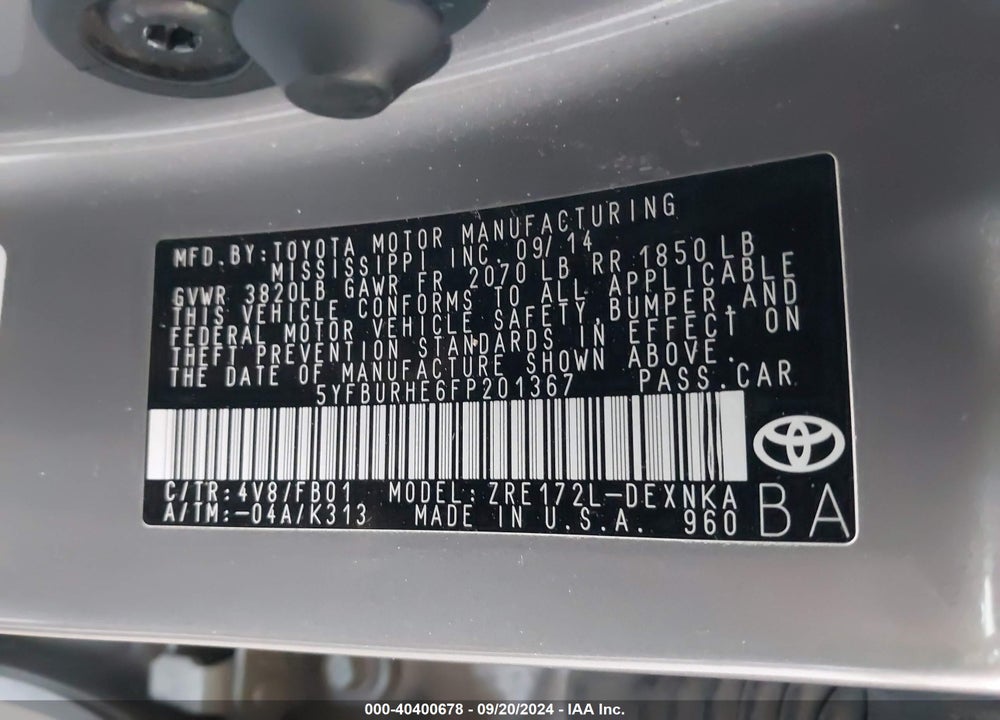 2015 TOYOTA COROLLA LE VIN: 5YFBURHE6FP201367